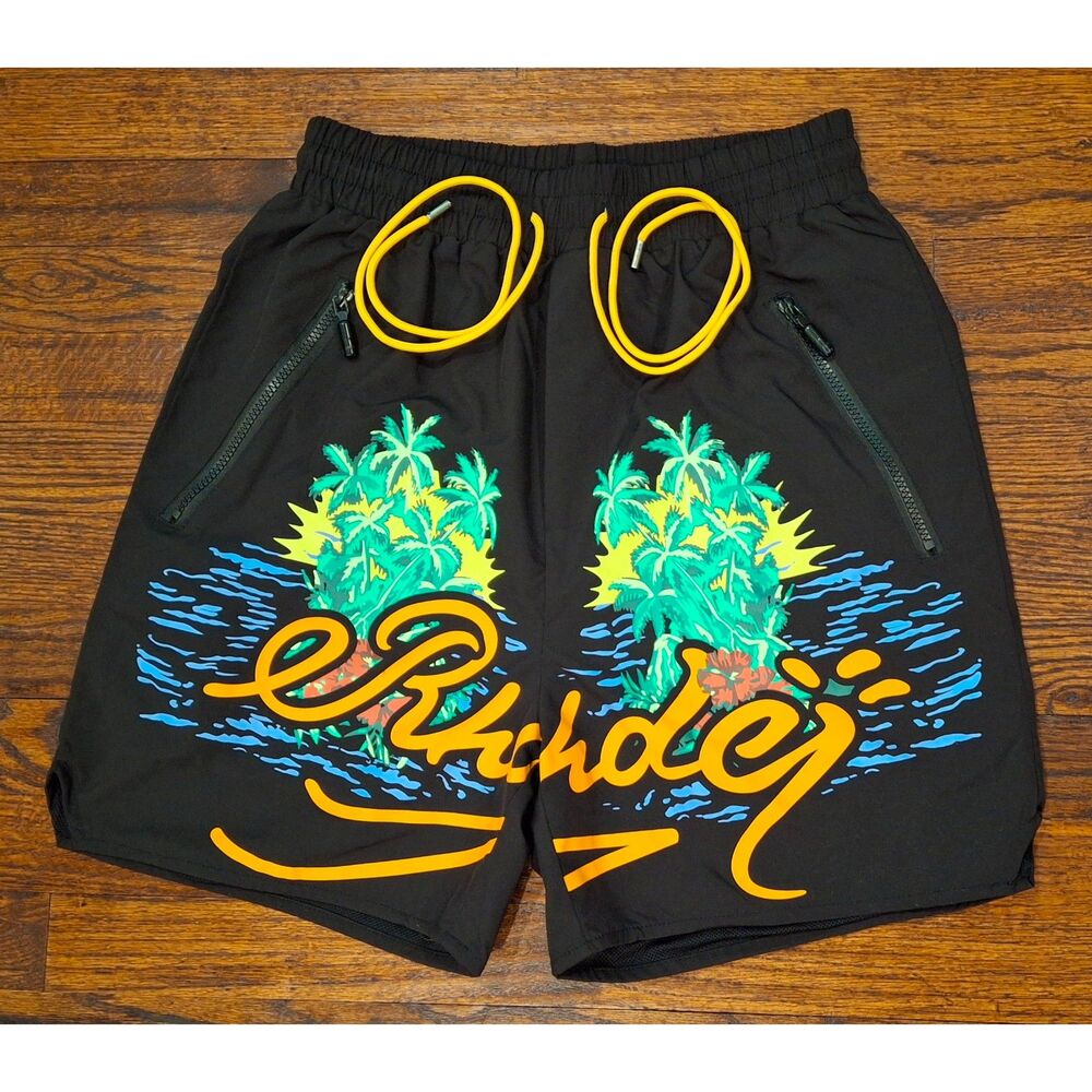 RHUDE Black Tropical Beach Print Summer Shorts Mens Size Medium